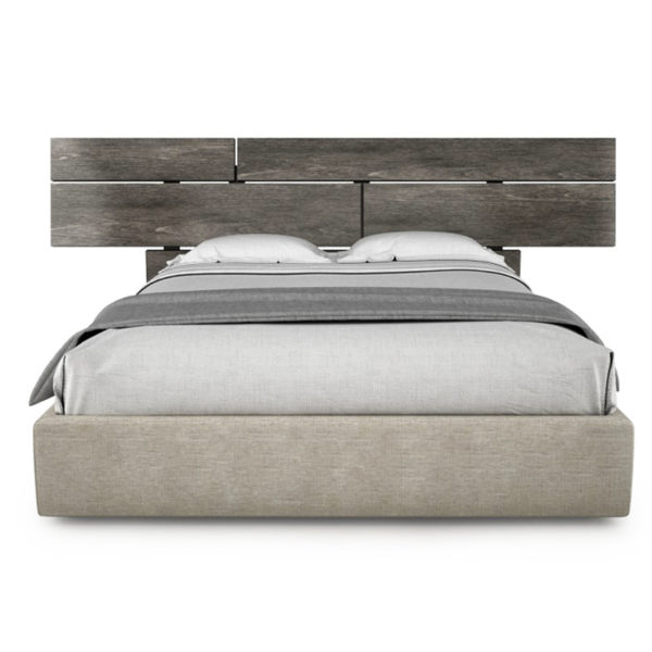 Modern wood plank bed with Upholstered Bed Frame & Extendable Wooden Headboard