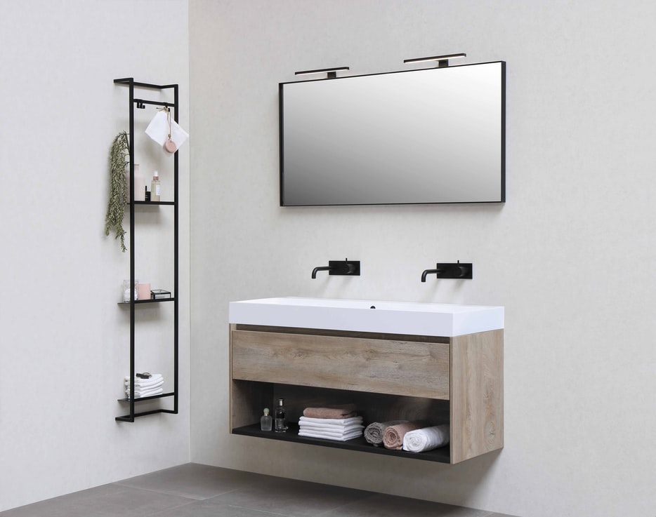 modern bathroom with metal & wood materials