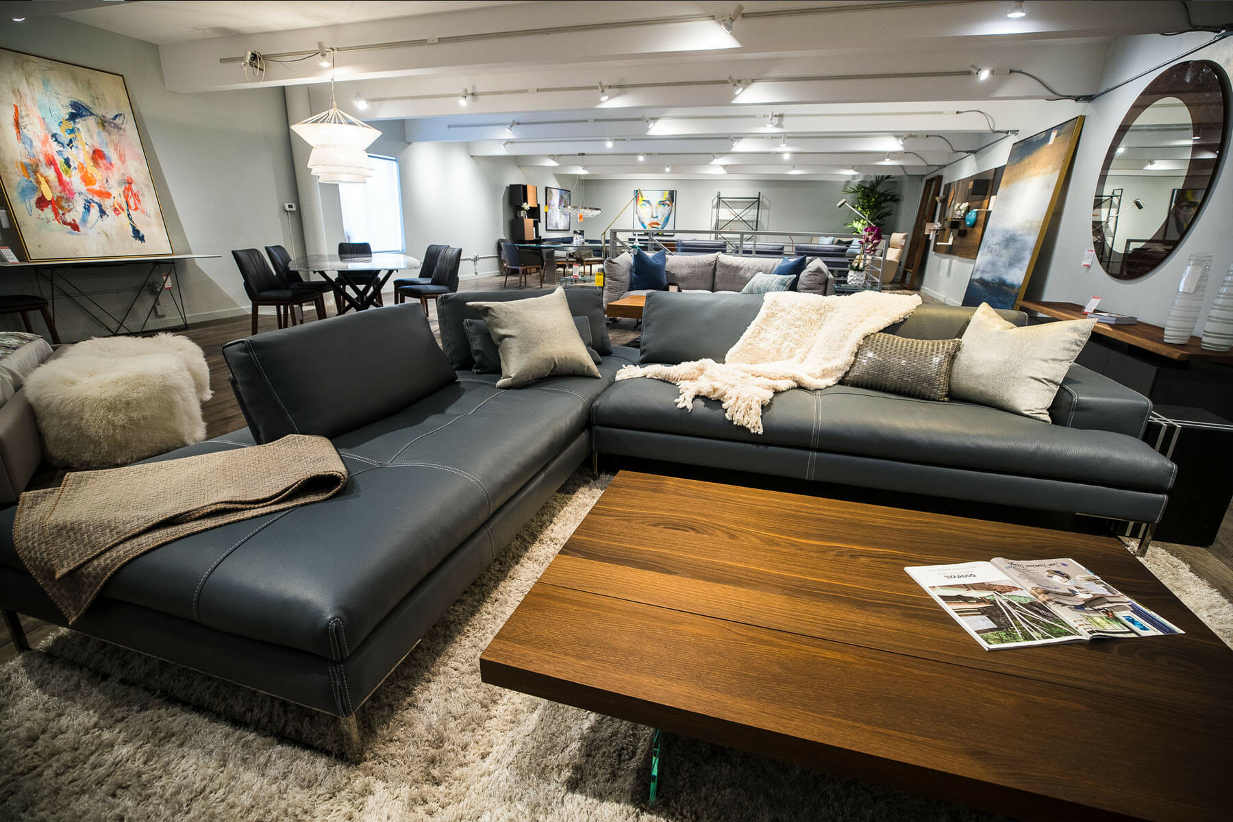 blue leather contemporary sofa with modern coffee table