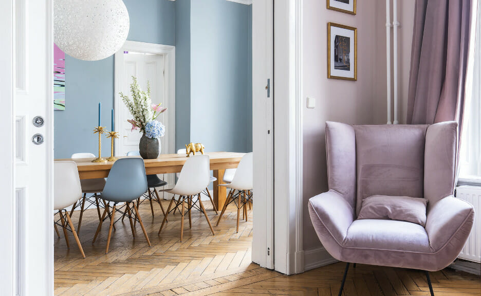 A modern dining room set with mix and match chairs.